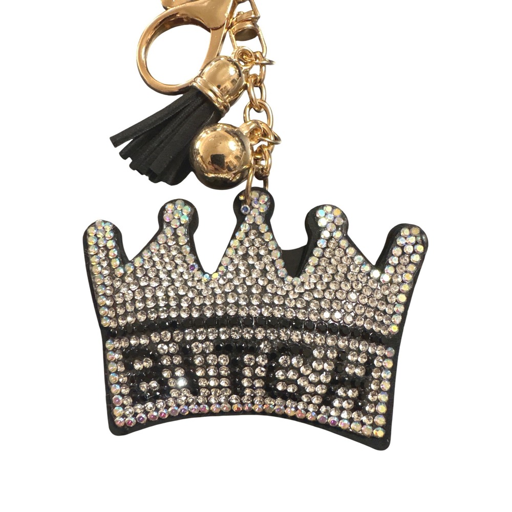 Rhinestone Crown Keychain Black Tassel Gold Tone Bag Charm Sparkly Crystal